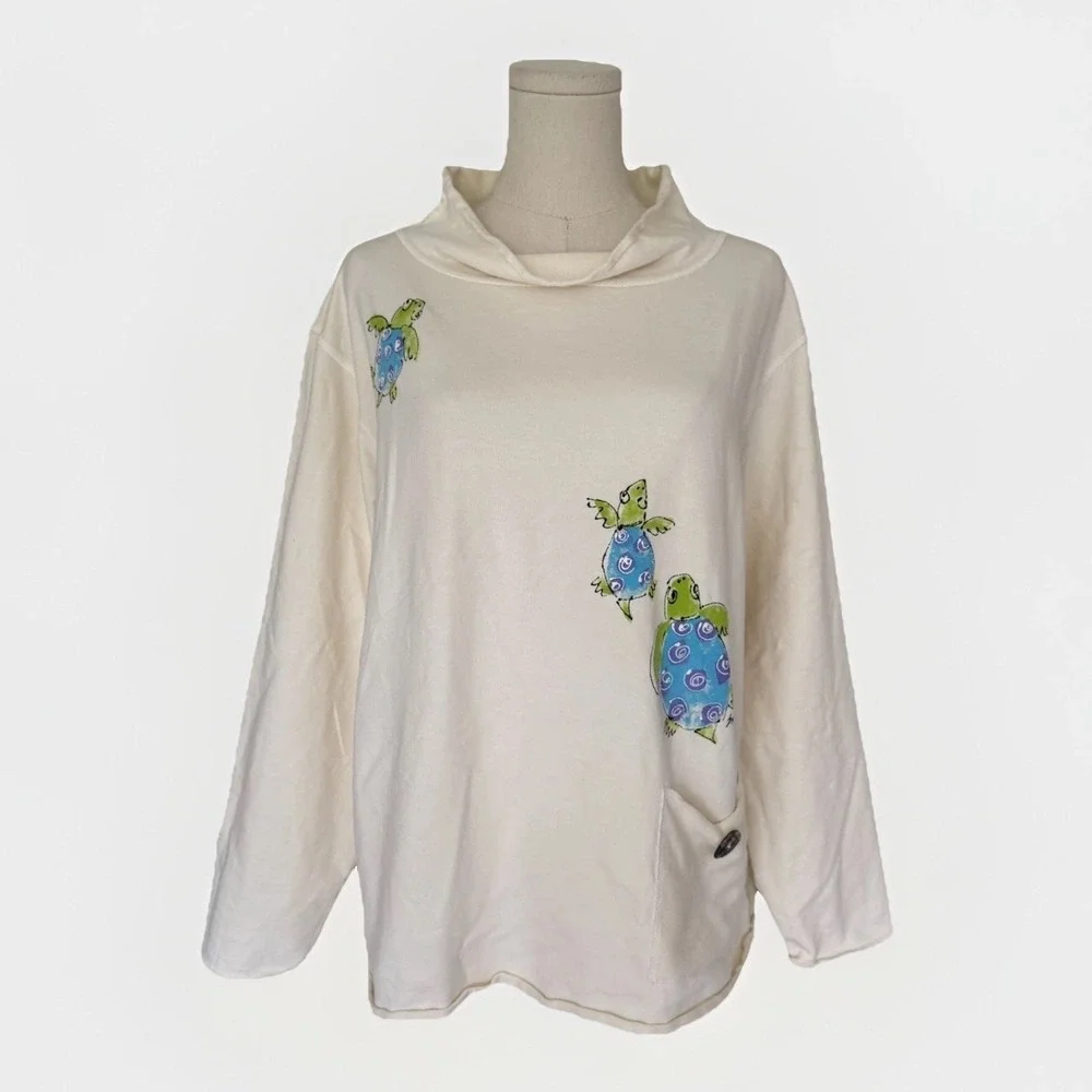 CMC Color Me Cotton Sea Turtle Print Sweatshirt XL Cream Beach Coastal USA Artsy - Picture 2 of 10
